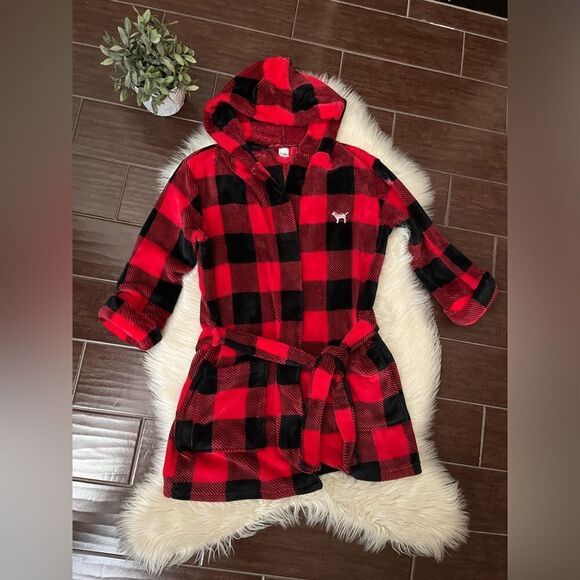 Victoria's Secret Pink Bling Plaid Fleece Hooded Robe Red/Black/Silver Sz XS/SM - Picture 1 of 10